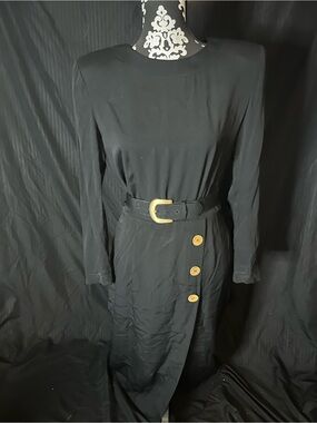 Liz Claiborne Black Long-Sleeve Belted Dress with Gold Accents